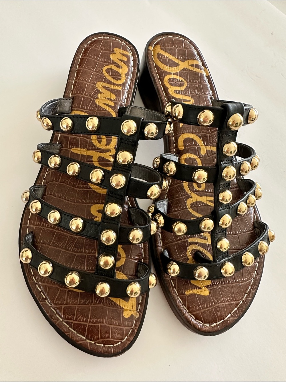 Sam Edelman Black Leather Multi-Strap Sandals with Gold Studs 8.5